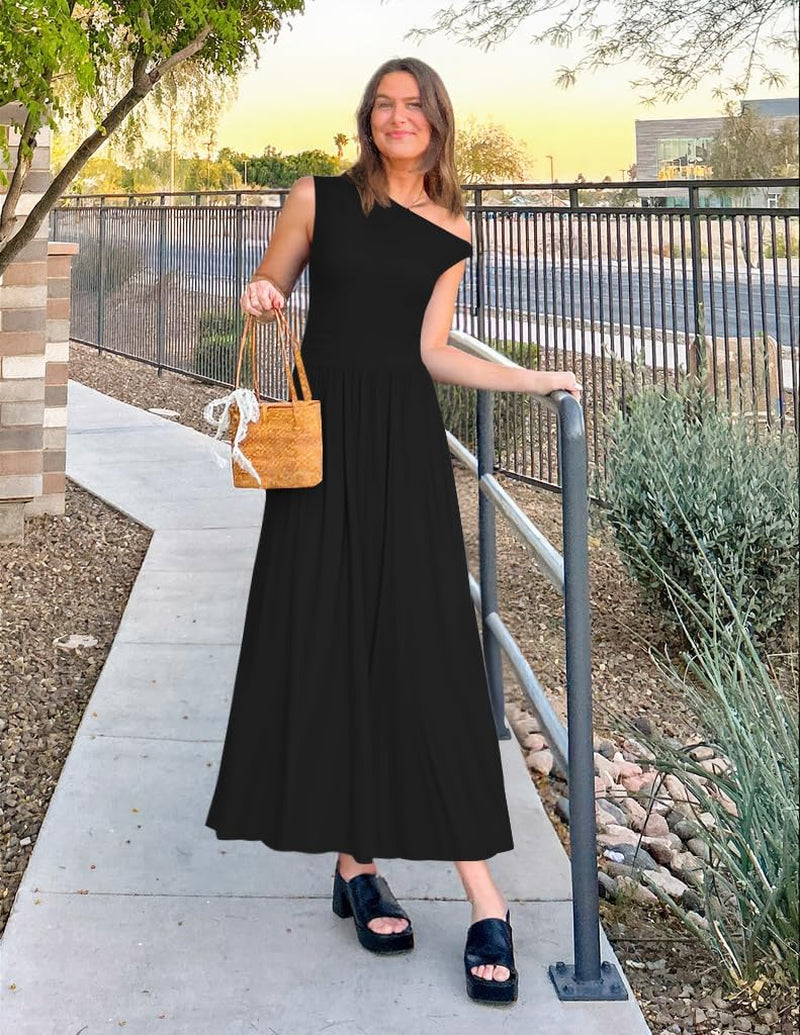 Women'S Summer 2025 Sleeveless Maxi Dress One Shoulder Casual Slim Swing Pleated Formal Dresses with Pockets