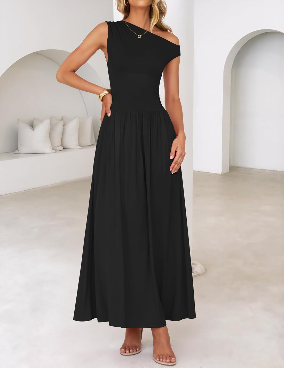 Women'S Summer 2025 Sleeveless Maxi Dress One Shoulder Casual Slim Swing Pleated Formal Dresses with Pockets