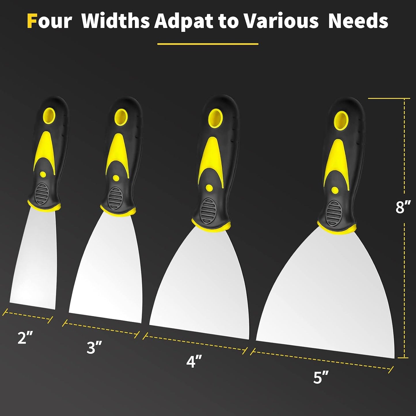 Putty Knife, 4Pcs Spackle Knife Set (2, 3, 4, 5 In), Stainless Steel Paint Scraper, Taping Knife Tool for Repairing Drywall, Removing Wallpaper, Applying Putty, Plaster, Cement, Adhesive