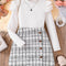 Spring and Autumn Children'S 2-Piece Fashion Casual Clothing White High-Neck Long-Sleeved Flying Sleeve Top + Plaid A-Line Skirt