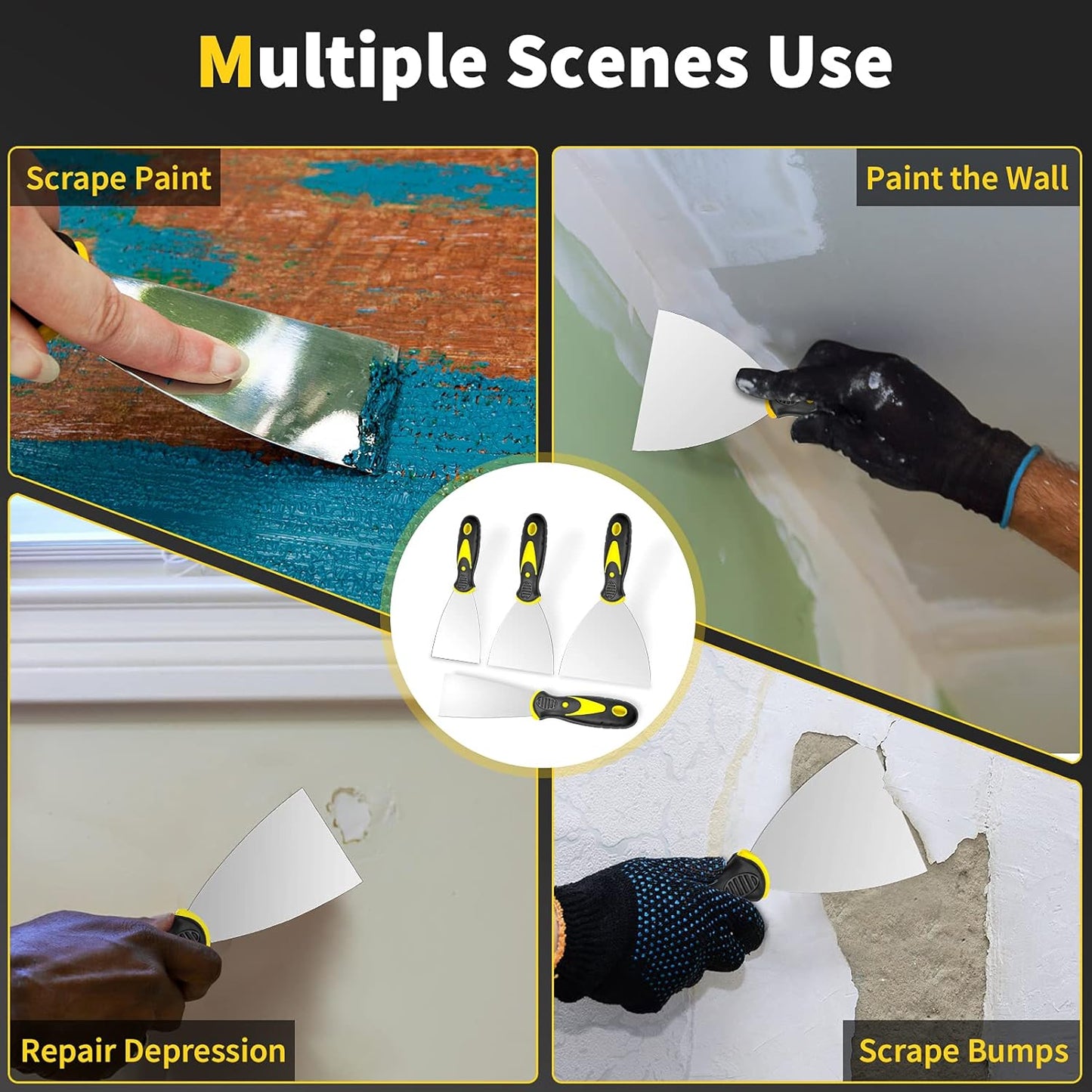 Putty Knife, 4Pcs Spackle Knife Set (2, 3, 4, 5 In), Stainless Steel Paint Scraper, Taping Knife Tool for Repairing Drywall, Removing Wallpaper, Applying Putty, Plaster, Cement, Adhesive