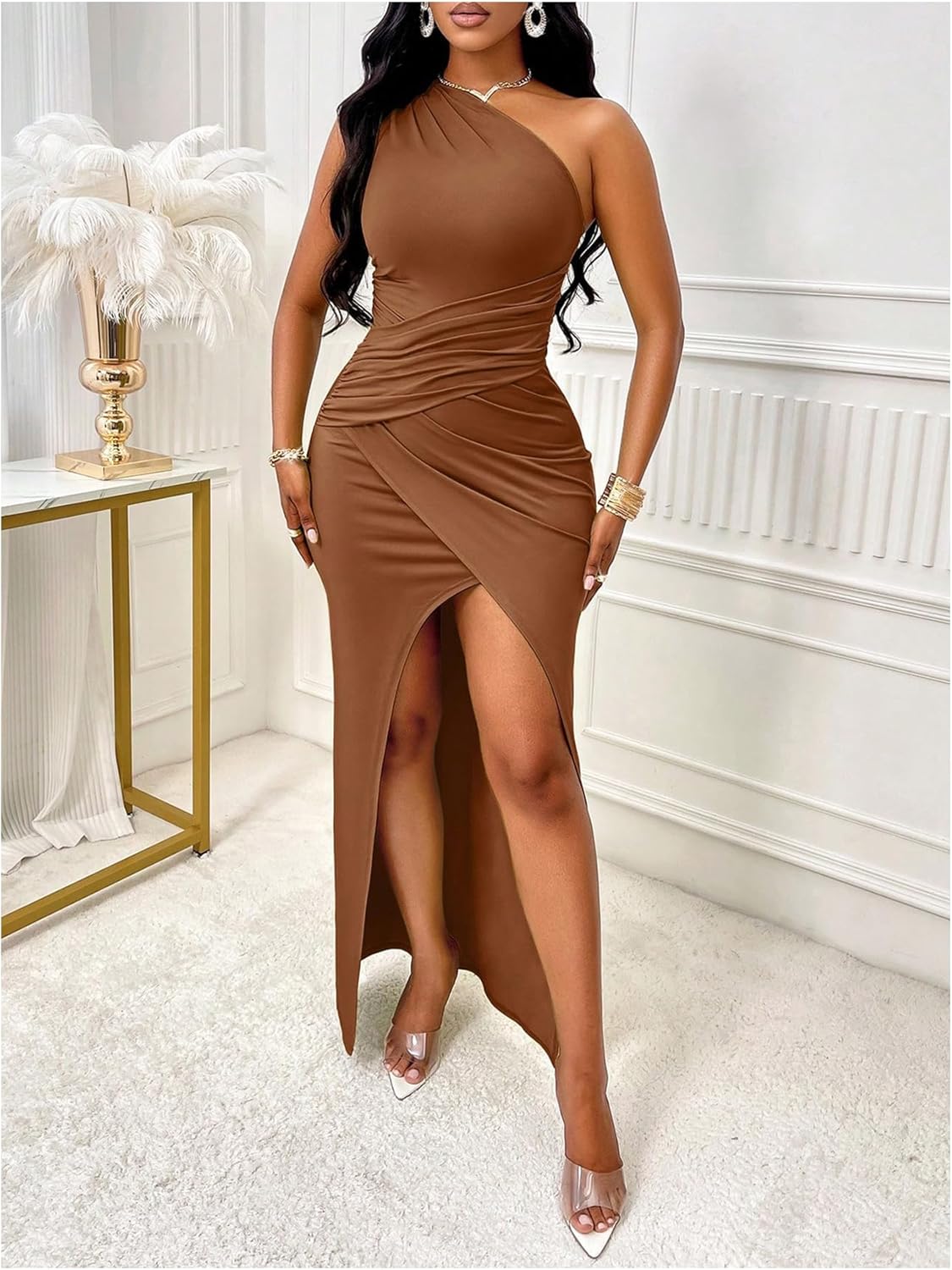 Women'S One Shoulder Sleeveless Wrap Dress Split Ruched Cocktail Party Maxi Dresses