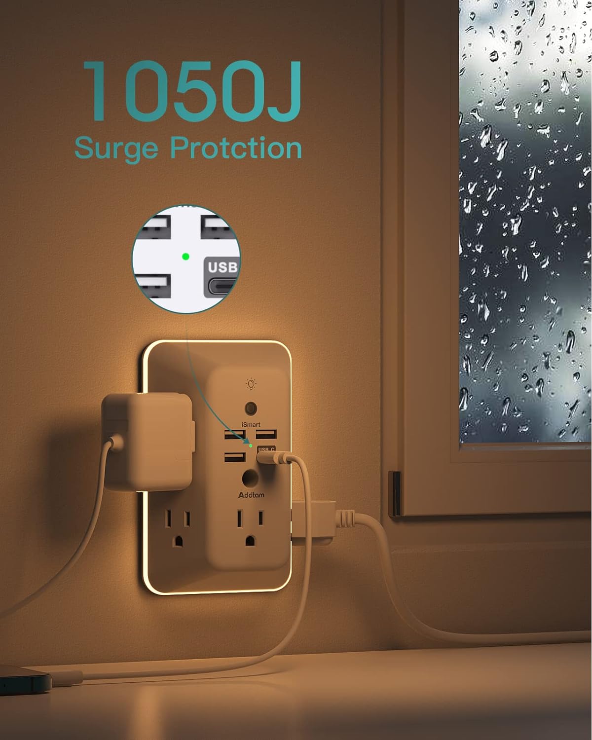 Surge Protector, Outlet Extender with Night Light, 5-Outlet Splitter and 4 USB Ports(1 USB C), Multi Plug Wall Outlet for Home Office Dorm Room Essentials