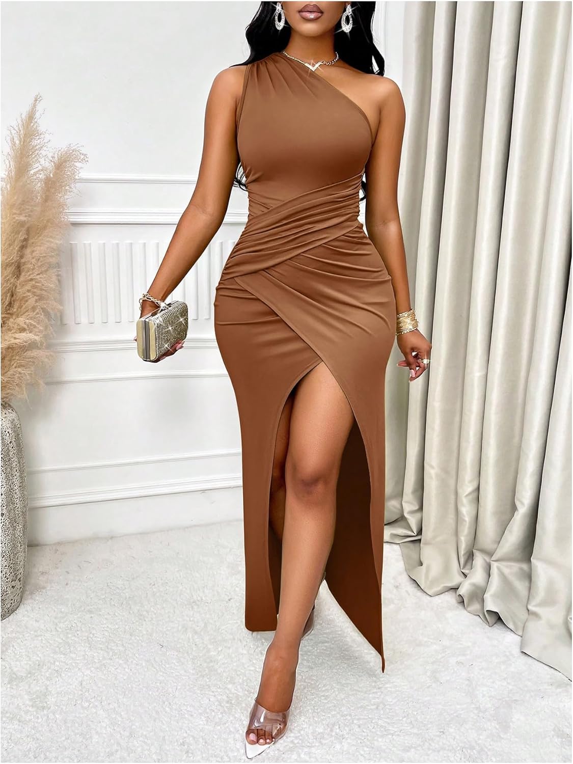 Women'S One Shoulder Sleeveless Wrap Dress Split Ruched Cocktail Party Maxi Dresses