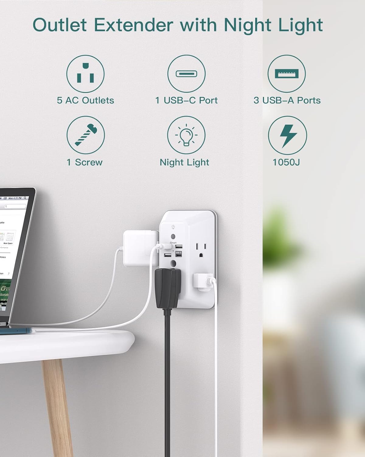 Surge Protector, Outlet Extender with Night Light, 5-Outlet Splitter and 4 USB Ports(1 USB C), Multi Plug Wall Outlet for Home Office Dorm Room Essentials