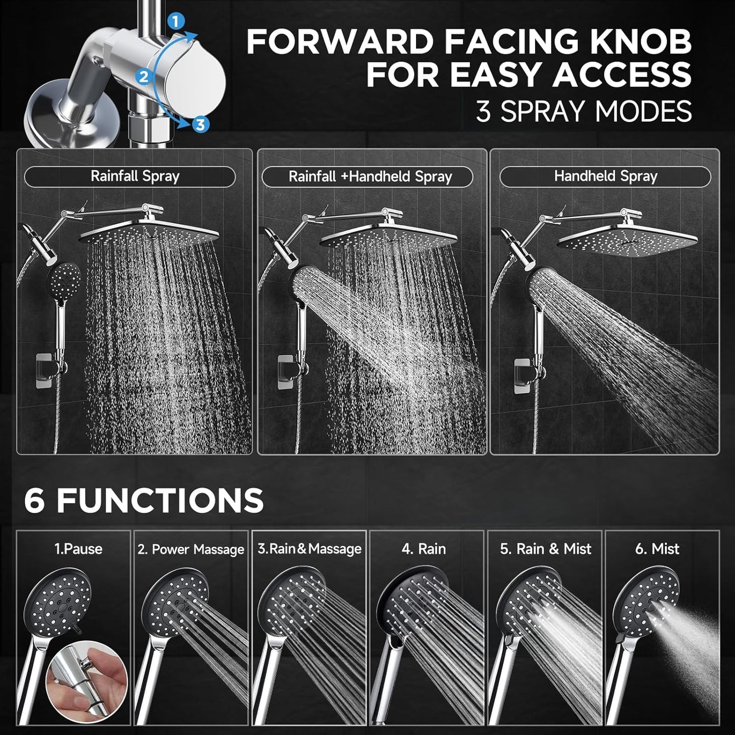 Wide Rain Shower Head with 6 Modes Handheld Water Spray,High Pressure Showerhead Combo with Arm for Bathroom Accessories,Home Decor Adjustable Dual Shower with Anti-Clog Nozzles,Silver Chrome