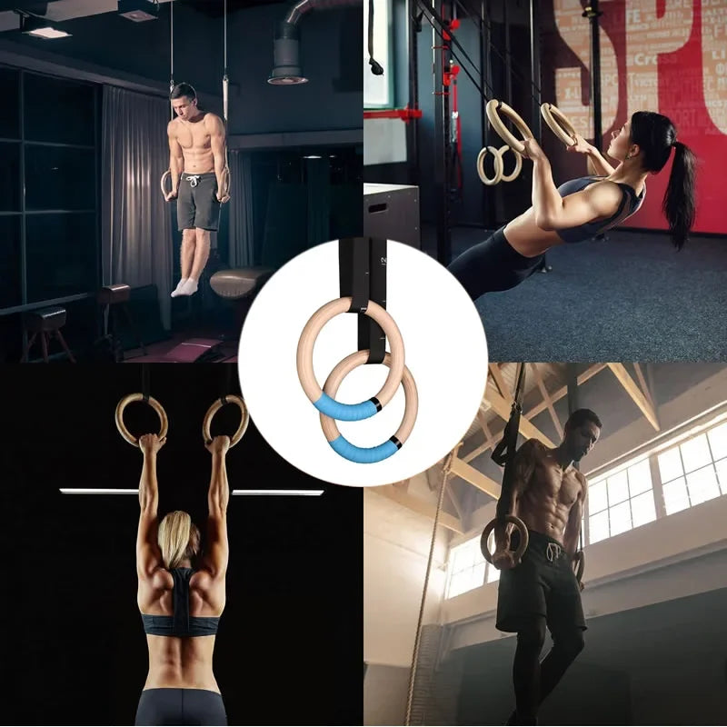 1 Pair Wood Gymnastics Rings with Adjustable Straps GYM Ring for Kids Adult Home Fitness Pull up Strength Training