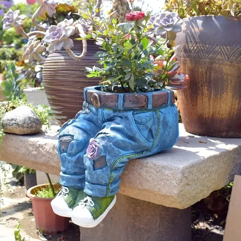 1Pc Jeans Pants Shape Flower Pot Resin Statue, Succulent Pot Flower Planter for Indoor Garden Yard Lawn Porch Patio Outdoor