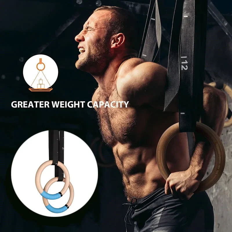 1 Pair Wood Gymnastics Rings with Adjustable Straps GYM Ring for Kids Adult Home Fitness Pull up Strength Training