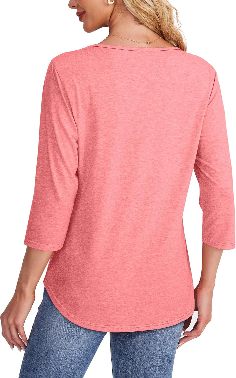 Womens Tops 3/4 Length Sleeve Blouses Dressy Casual Spring Summer Outfits Pleated Front T Shirts Curved Hem
