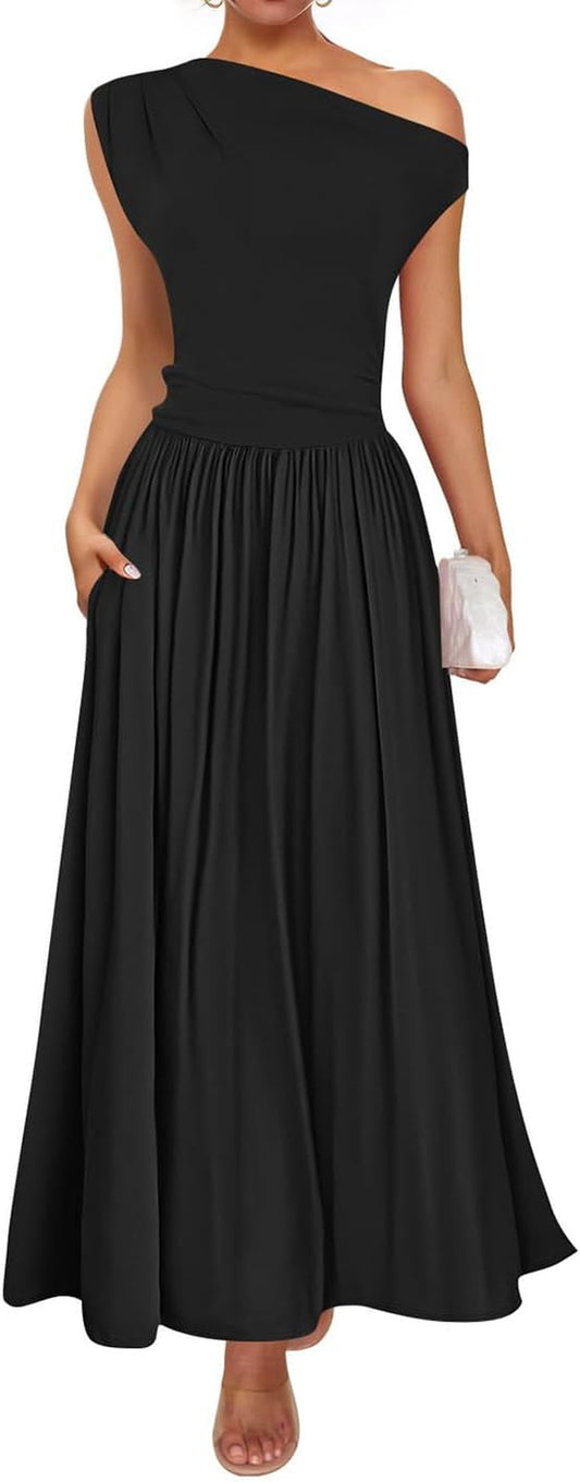 Women'S Summer 2025 Sleeveless Maxi Dress One Shoulder Casual Slim Swing Pleated Formal Dresses with Pockets