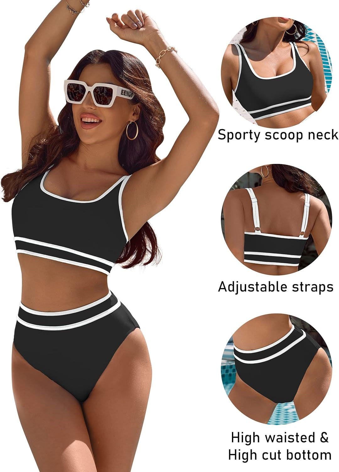 Women'S High Waisted Bikini Sets Sporty Two Piece Swimsuits Color Block Cheeky High Cut Bathing Suits