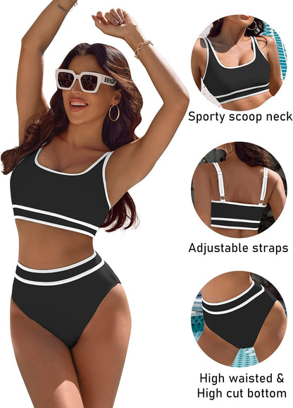 Women'S High Waisted Bikini Sets Sporty Two Piece Swimsuits Color Block Cheeky High Cut Bathing Suits