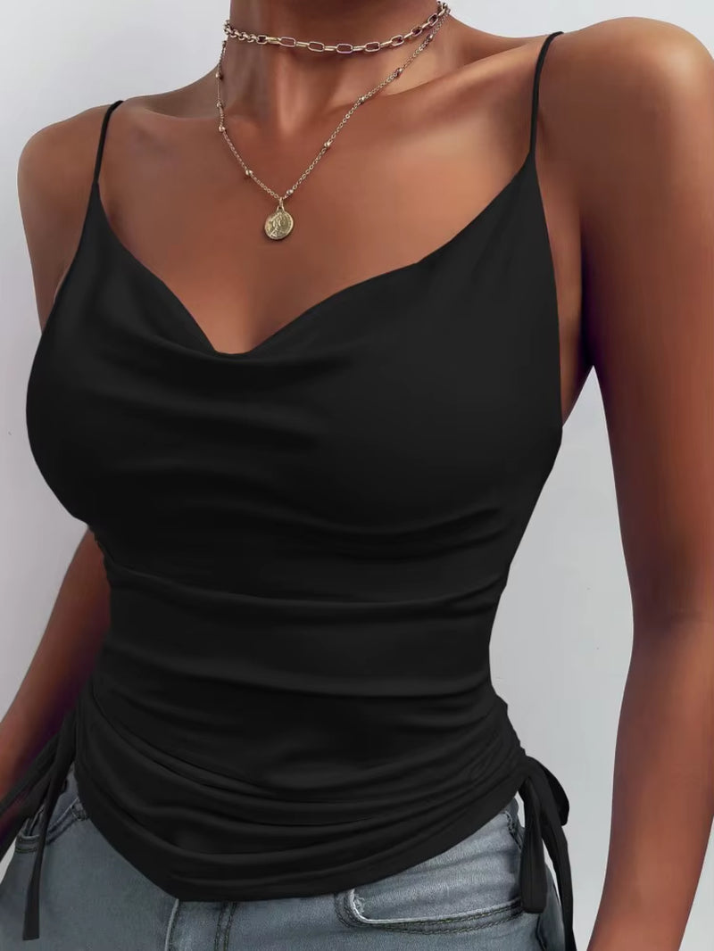 Women'S Solid Tank Top V Neck Camisole Cami Drawstring Spaghetti Strap Top Sleeveless Blouse Tank Shirt New Summer Crop Top