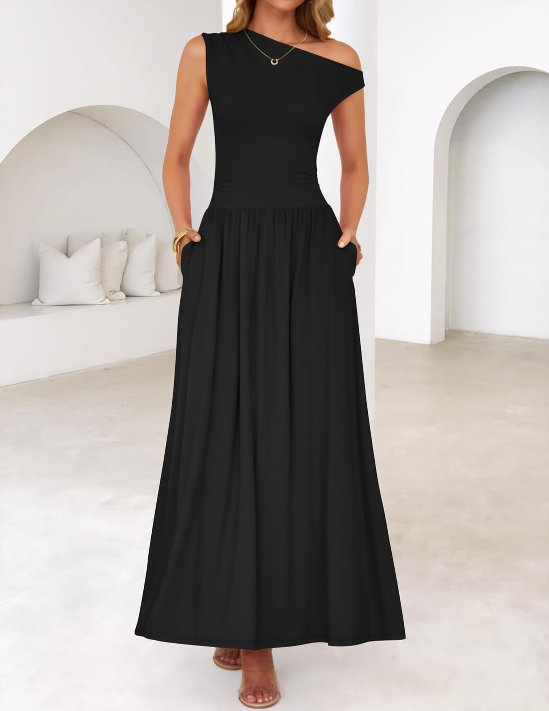 Women'S Summer 2025 Sleeveless Maxi Dress One Shoulder Casual Slim Swing Pleated Formal Dresses with Pockets