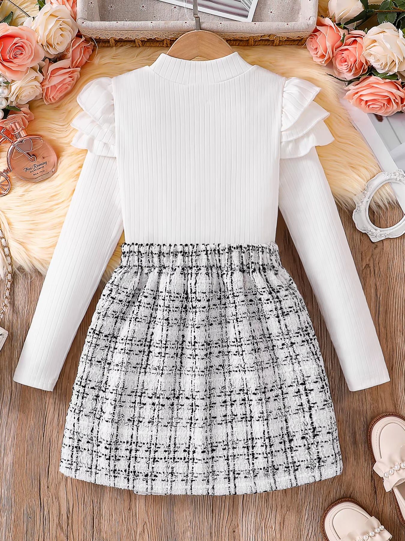Spring and Autumn Children'S 2-Piece Fashion Casual Clothing White High-Neck Long-Sleeved Flying Sleeve Top + Plaid A-Line Skirt