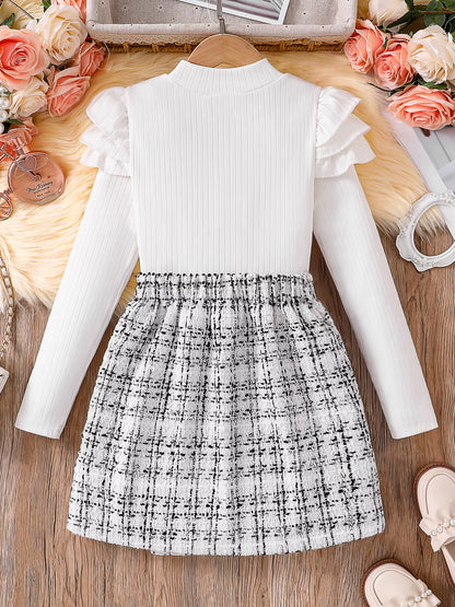 Spring and Autumn Children'S 2-Piece Fashion Casual Clothing White High-Neck Long-Sleeved Flying Sleeve Top + Plaid A-Line Skirt