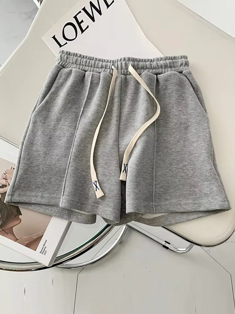 Summer 2025 Shorts Women Elasticity Lovely Girls Korean Style Sweet Students Harajuku Simple Pure Gray Oversize Trousers Female