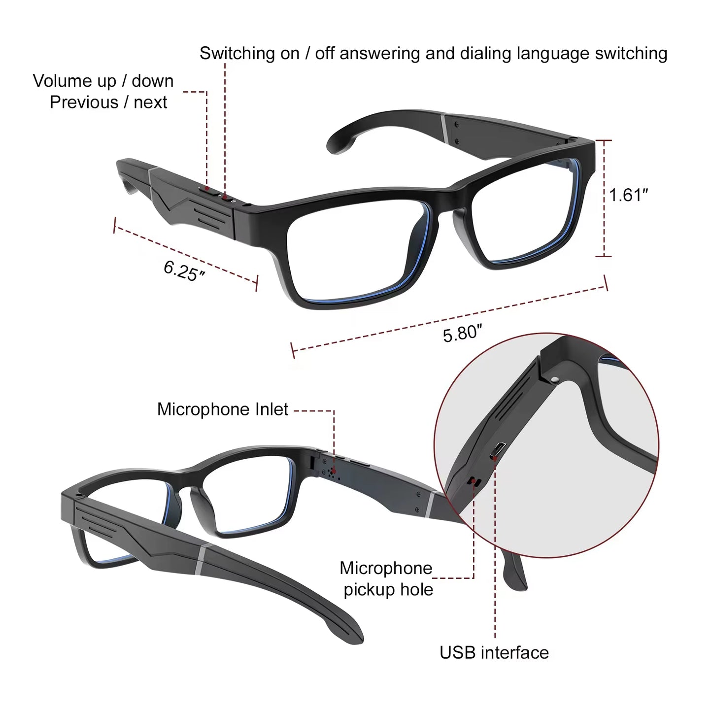 Smart Glasses, Bluetooth for Men Women Wireless Glasses with Speakers, Built-In Mic, Clear Phone Calls Game Music Audio for And