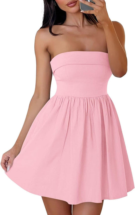 Women'S Summer Strapless Mini Dress 2025 Sexy off Shoulder High Waist a Line Swing Party Short Dresses