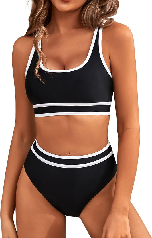 Women'S High Waisted Bikini Sets Sporty Two Piece Swimsuits Color Block Cheeky High Cut Bathing Suits