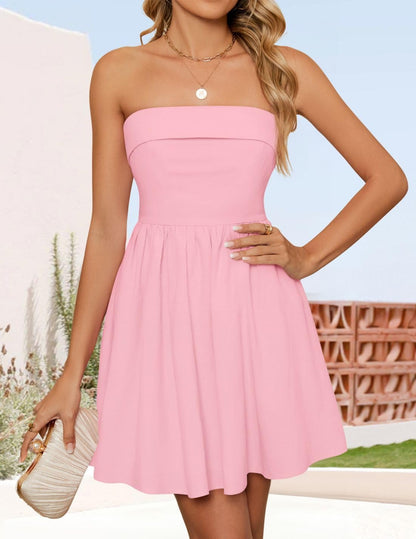 Women'S Summer Strapless Mini Dress 2025 Sexy off Shoulder High Waist a Line Swing Party Short Dresses