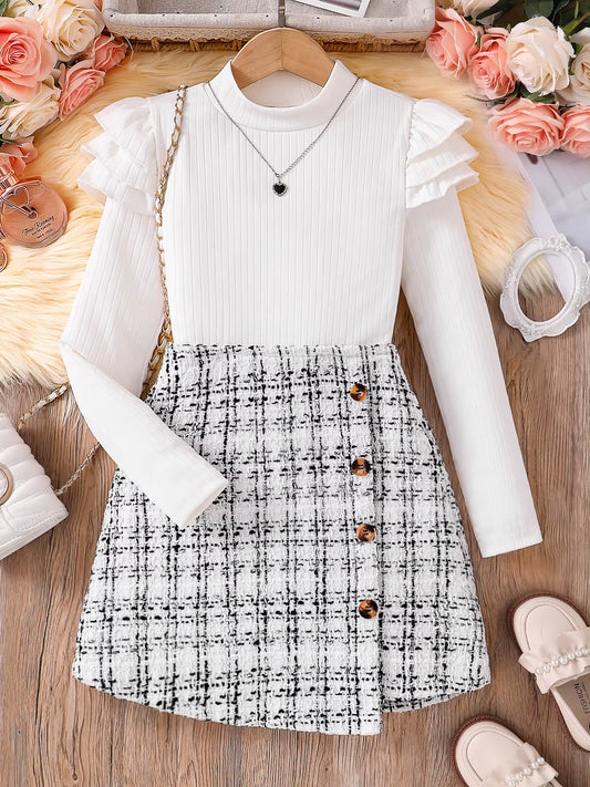 Spring and Autumn Children'S 2-Piece Fashion Casual Clothing White High-Neck Long-Sleeved Flying Sleeve Top + Plaid A-Line Skirt