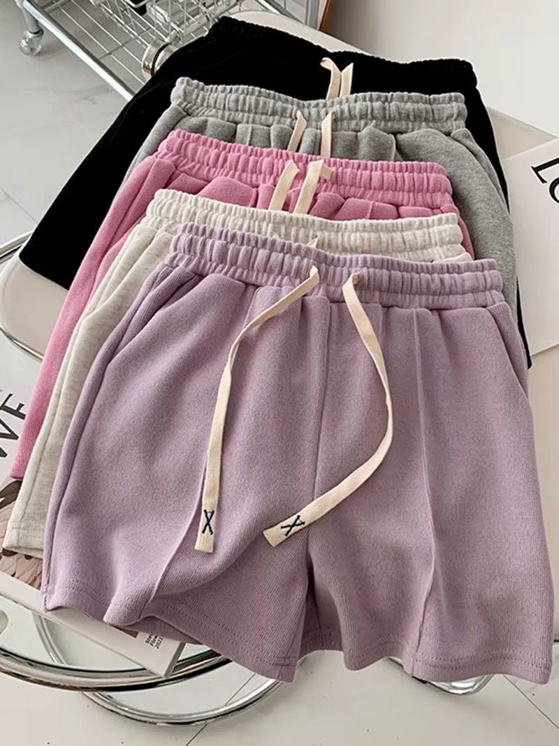 Summer 2025 Shorts Women Elasticity Lovely Girls Korean Style Sweet Students Harajuku Simple Pure Gray Oversize Trousers Female