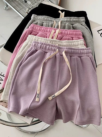 Summer 2025 Shorts Women Elasticity Lovely Girls Korean Style Sweet Students Harajuku Simple Pure Gray Oversize Trousers Female