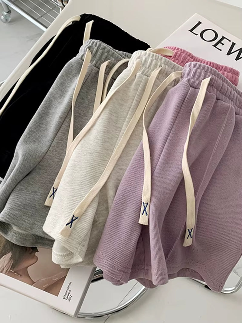 Summer 2025 Shorts Women Elasticity Lovely Girls Korean Style Sweet Students Harajuku Simple Pure Gray Oversize Trousers Female