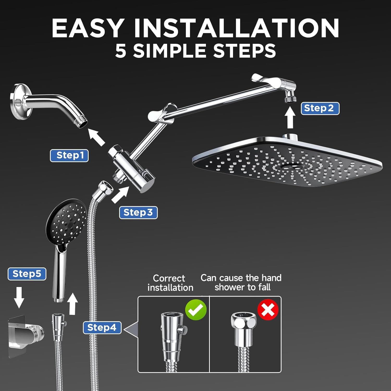 Wide Rain Shower Head with 6 Modes Handheld Water Spray，High Pressure Showerhead Combo with Arm for Bathroom Accessories，Home Decor Adjustable Dual Shower with Anti-Clog Nozzles,Silver Chrome