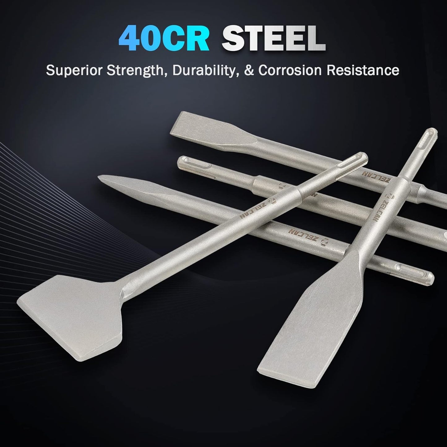 Chisel Set with SDS plus Shanks, 6Pc Masonry Concrete Drill Bit Set, Tile Grooving Scraping Flat Point Scaling Chisels 40Cr Steel Rotary Hammer Drill Tool Kit SDS plus Bits for Home Improvement