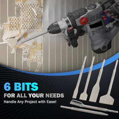 Chisel Set with SDS plus Shanks, 6Pc Masonry Concrete Drill Bit Set, Tile Grooving Scraping Flat Point Scaling Chisels 40Cr Steel Rotary Hammer Drill Tool Kit SDS plus Bits for Home Improvement