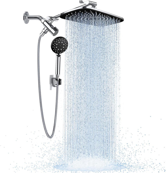 Wide Rain Shower Head with 6 Modes Handheld Water Spray，High Pressure Showerhead Combo with Arm for Bathroom Accessories，Home Decor Adjustable Dual Shower with Anti-Clog Nozzles,Silver Chrome