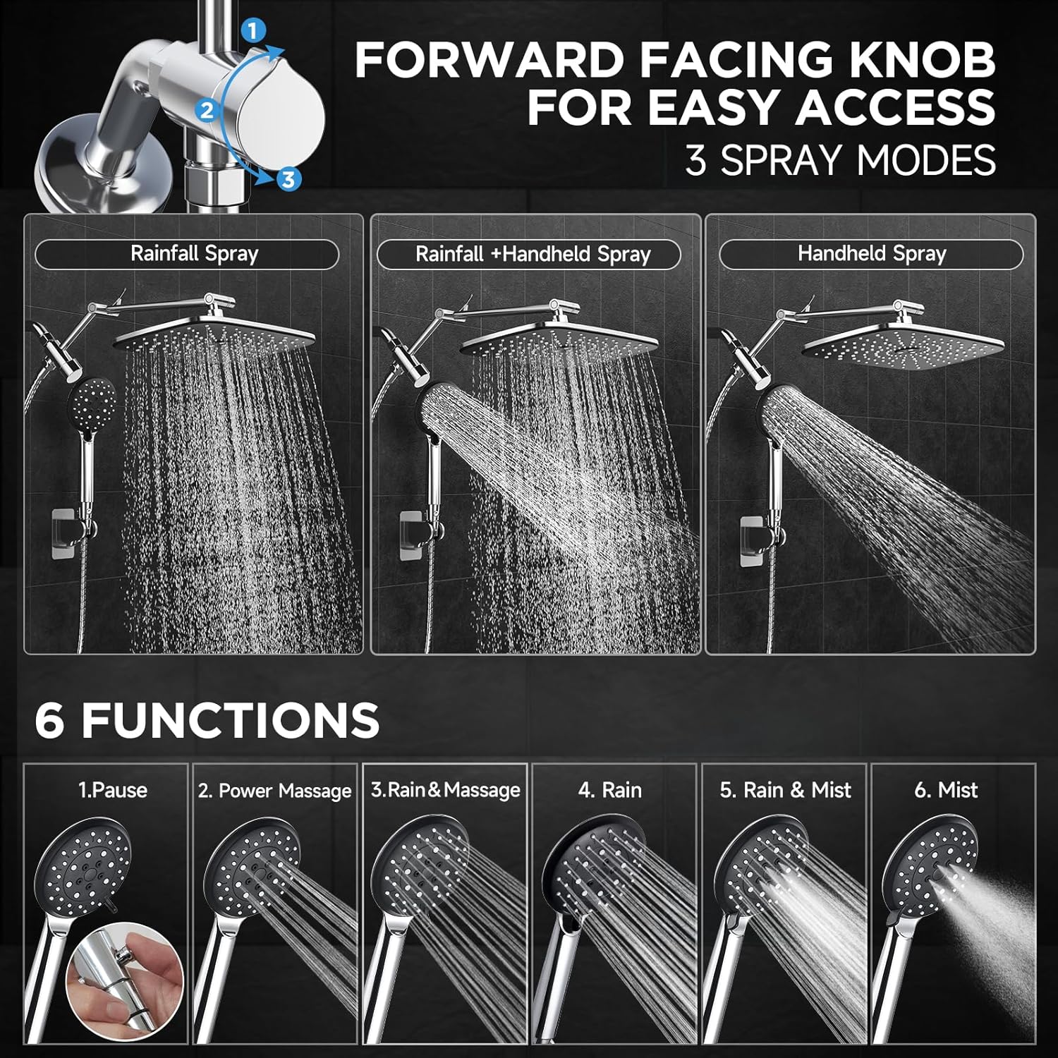Wide Rain Shower Head with 6 Modes Handheld Water Spray，High Pressure Showerhead Combo with Arm for Bathroom Accessories，Home Decor Adjustable Dual Shower with Anti-Clog Nozzles,Silver Chrome
