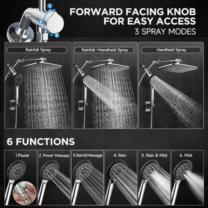 Wide Rain Shower Head with 6 Modes Handheld Water Spray，High Pressure Showerhead Combo with Arm for Bathroom Accessories，Home Decor Adjustable Dual Shower with Anti-Clog Nozzles,Silver Chrome