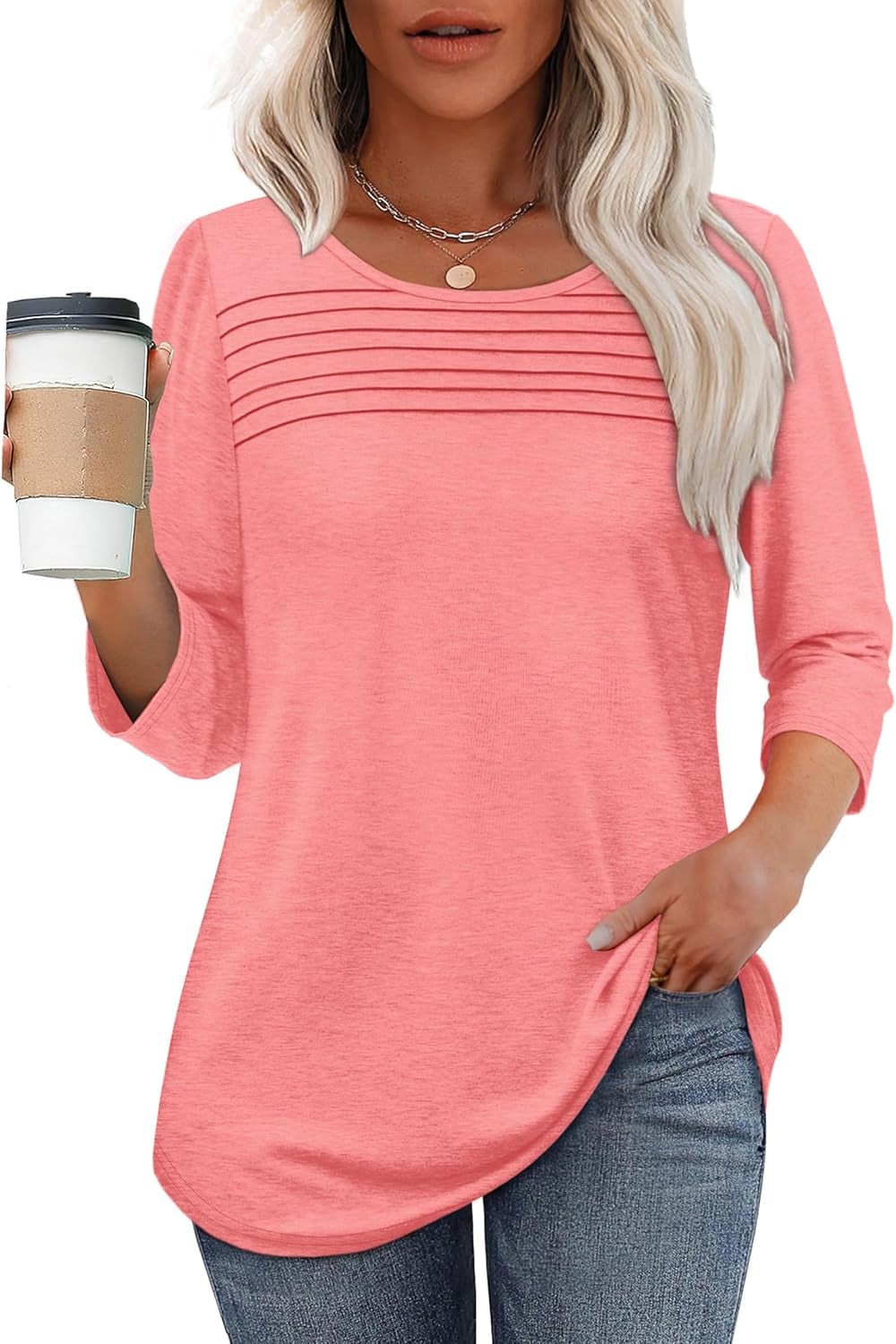 Womens Tops 3/4 Length Sleeve Blouses Dressy Casual Spring Summer Outfits Pleated Front T Shirts Curved Hem