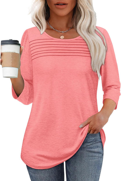 Womens Tops 3/4 Length Sleeve Blouses Dressy Casual Spring Summer Outfits Pleated Front T Shirts Curved Hem