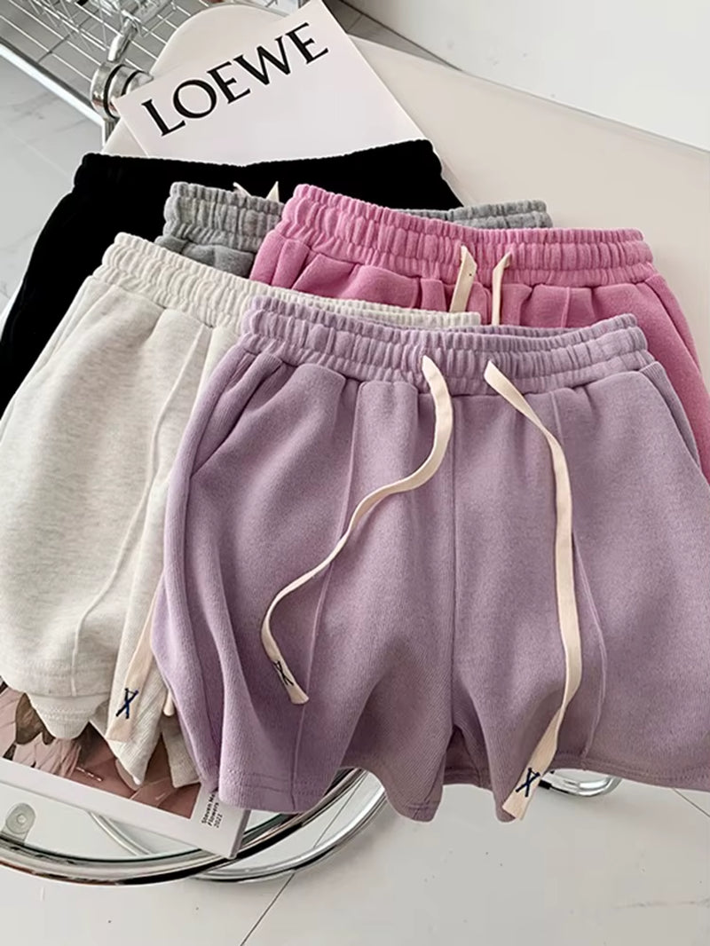 Summer 2025 Shorts Women Elasticity Lovely Girls Korean Style Sweet Students Harajuku Simple Pure Gray Oversize Trousers Female