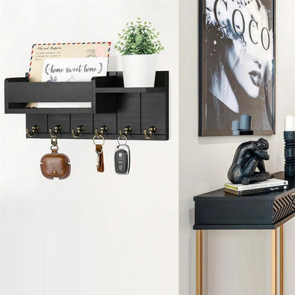 Decorative Key Rack and Mail Organizer with 6 Key Hooks Rustic Wood Key Holder Wall Mounted with Shelf for Living Room Enterway