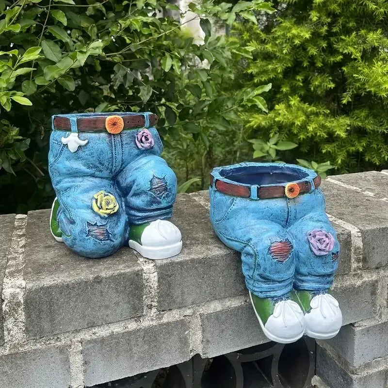 1Pc Jeans Pants Shape Flower Pot Resin Statue, Succulent Pot Flower Planter for Indoor Garden Yard Lawn Porch Patio Outdoor