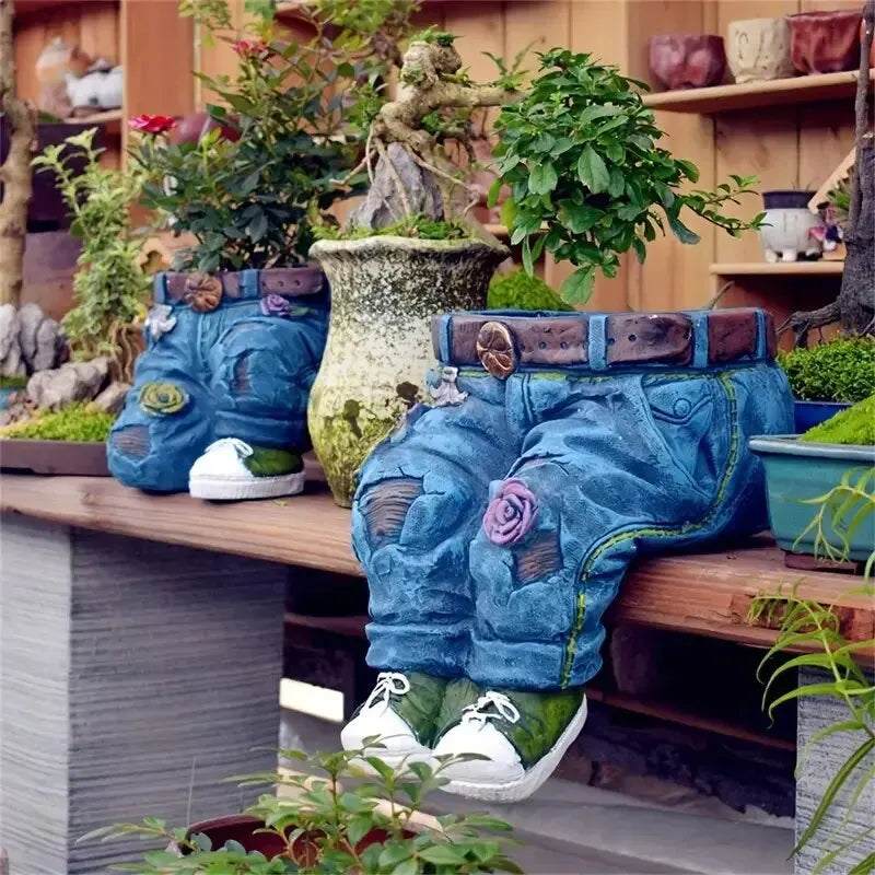 1Pc Jeans Pants Shape Flower Pot Resin Statue, Succulent Pot Flower Planter for Indoor Garden Yard Lawn Porch Patio Outdoor