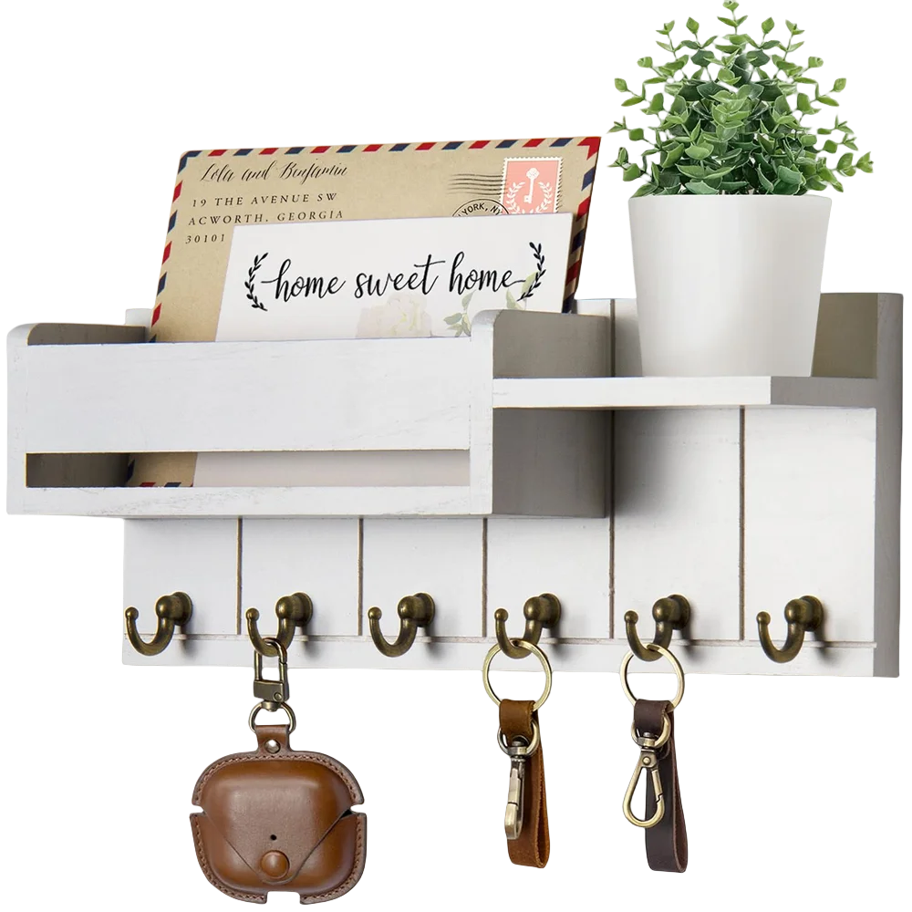 Decorative Key Rack and Mail Organizer with 6 Key Hooks Rustic Wood Key Holder Wall Mounted with Shelf for Living Room Enterway