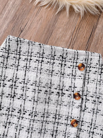 Spring and Autumn Children'S 2-Piece Fashion Casual Clothing White High-Neck Long-Sleeved Flying Sleeve Top + Plaid A-Line Skirt