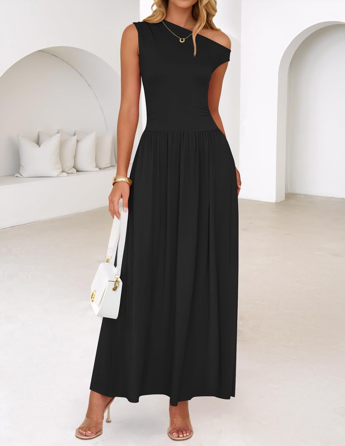 Women'S Summer 2025 Sleeveless Maxi Dress One Shoulder Casual Slim Swing Pleated Formal Dresses with Pockets