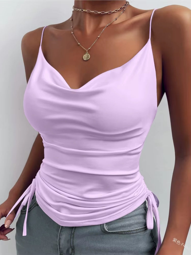 Women'S Solid Tank Top V Neck Camisole Cami Drawstring Spaghetti Strap Top Sleeveless Blouse Tank Shirt New Summer Crop Top