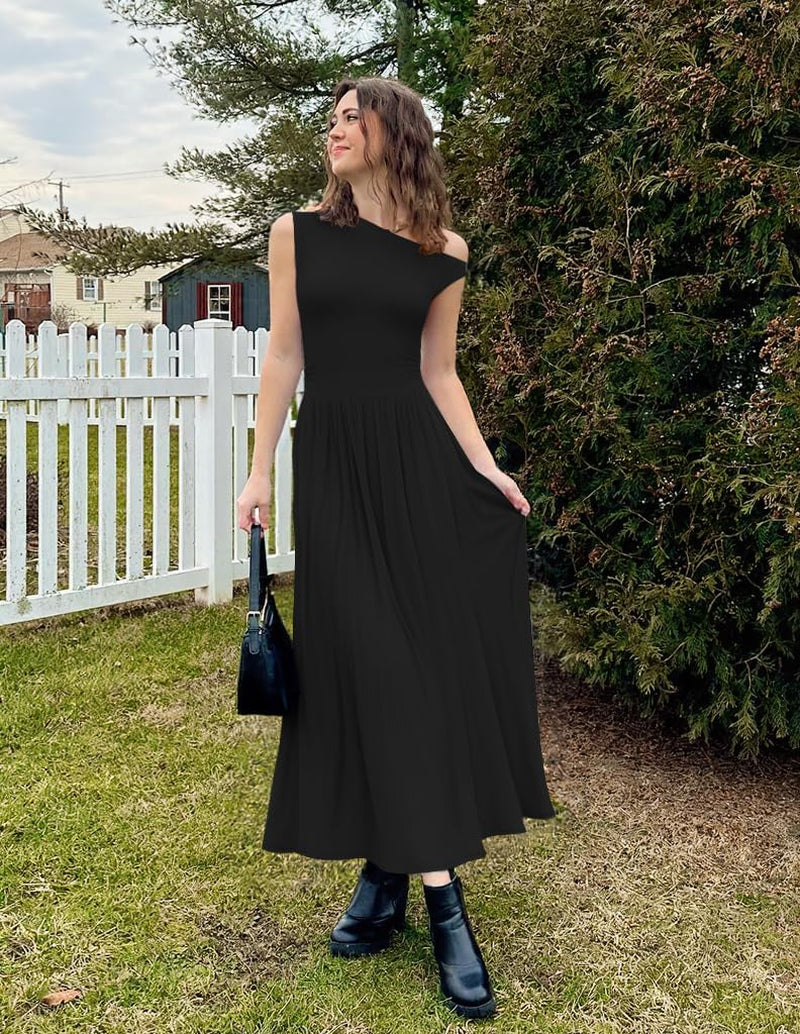Women'S Summer 2025 Sleeveless Maxi Dress One Shoulder Casual Slim Swing Pleated Formal Dresses with Pockets