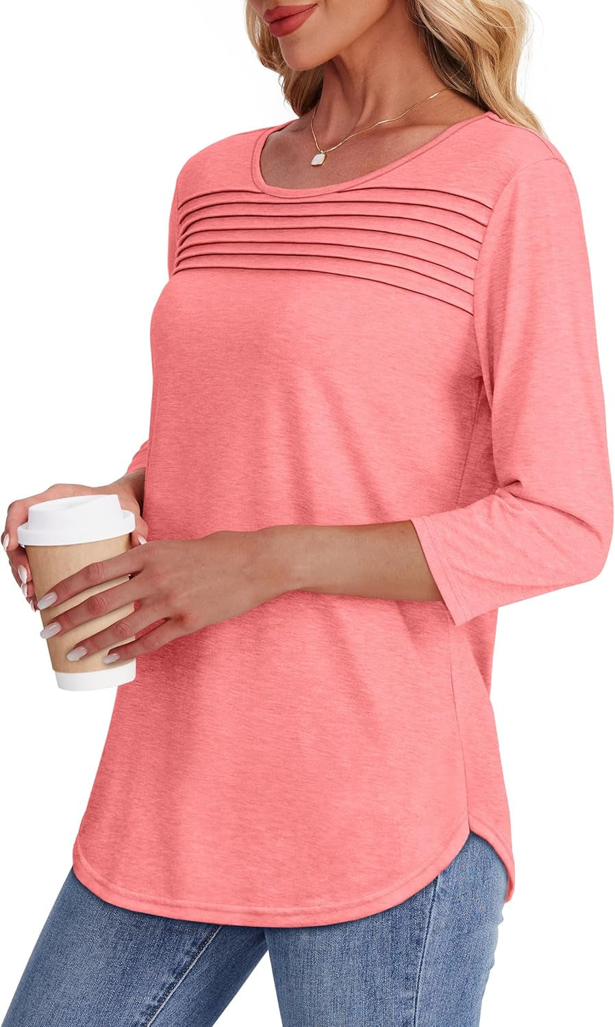 Womens Tops 3/4 Length Sleeve Blouses Dressy Casual Spring Summer Outfits Pleated Front T Shirts Curved Hem