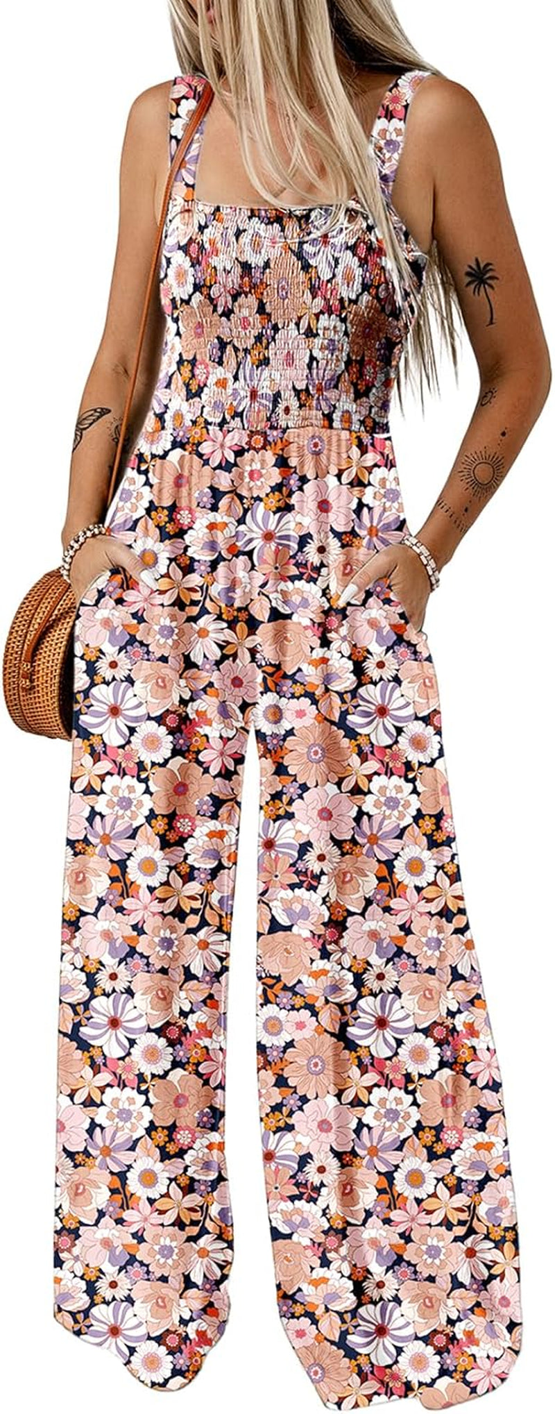 Women'S Casual Loose Overalls Jumpsuits One Piece Sleeveless Printed Wide Leg Long Pant Rompers with Pockets