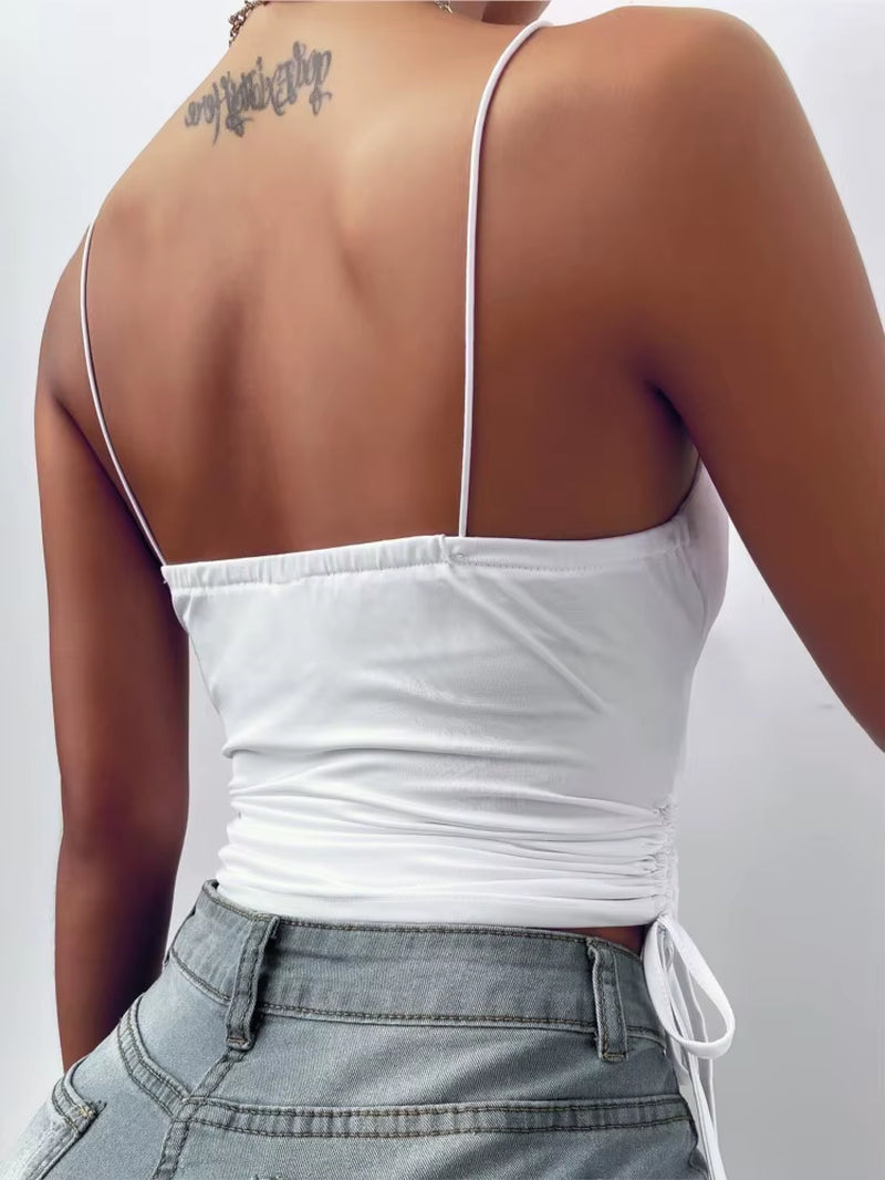 Women'S Solid Tank Top V Neck Camisole Cami Drawstring Spaghetti Strap Top Sleeveless Blouse Tank Shirt New Summer Crop Top